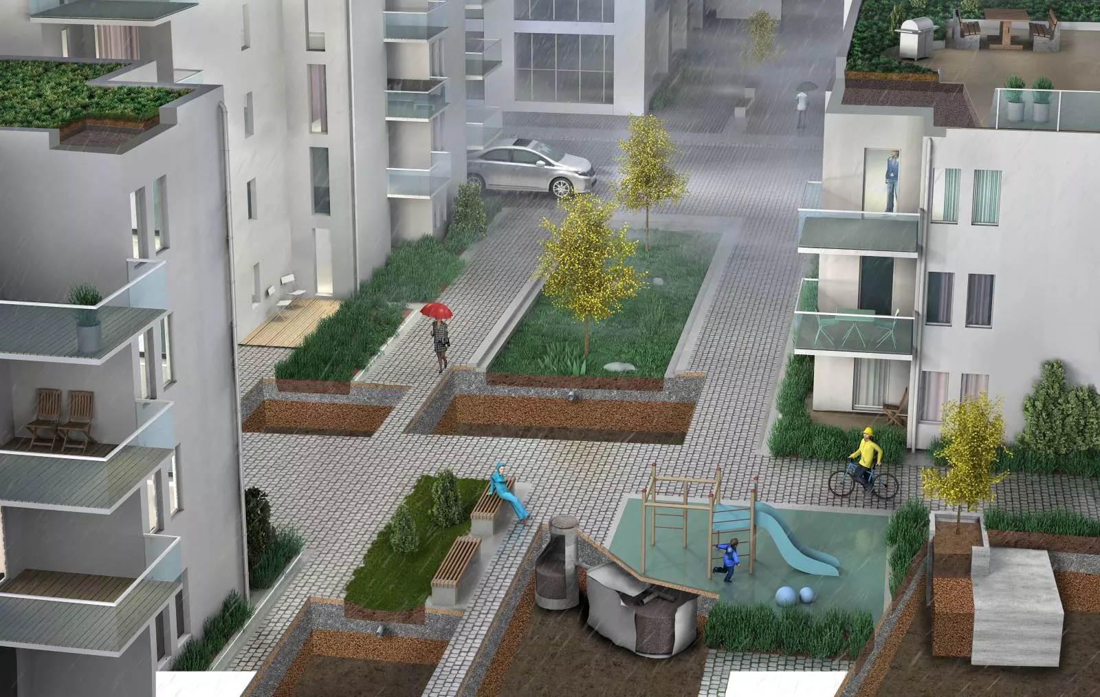 Leca-soran avulla toteutat useita erilaisia hulevesienhallintaratkaisuja kaupungeissa.